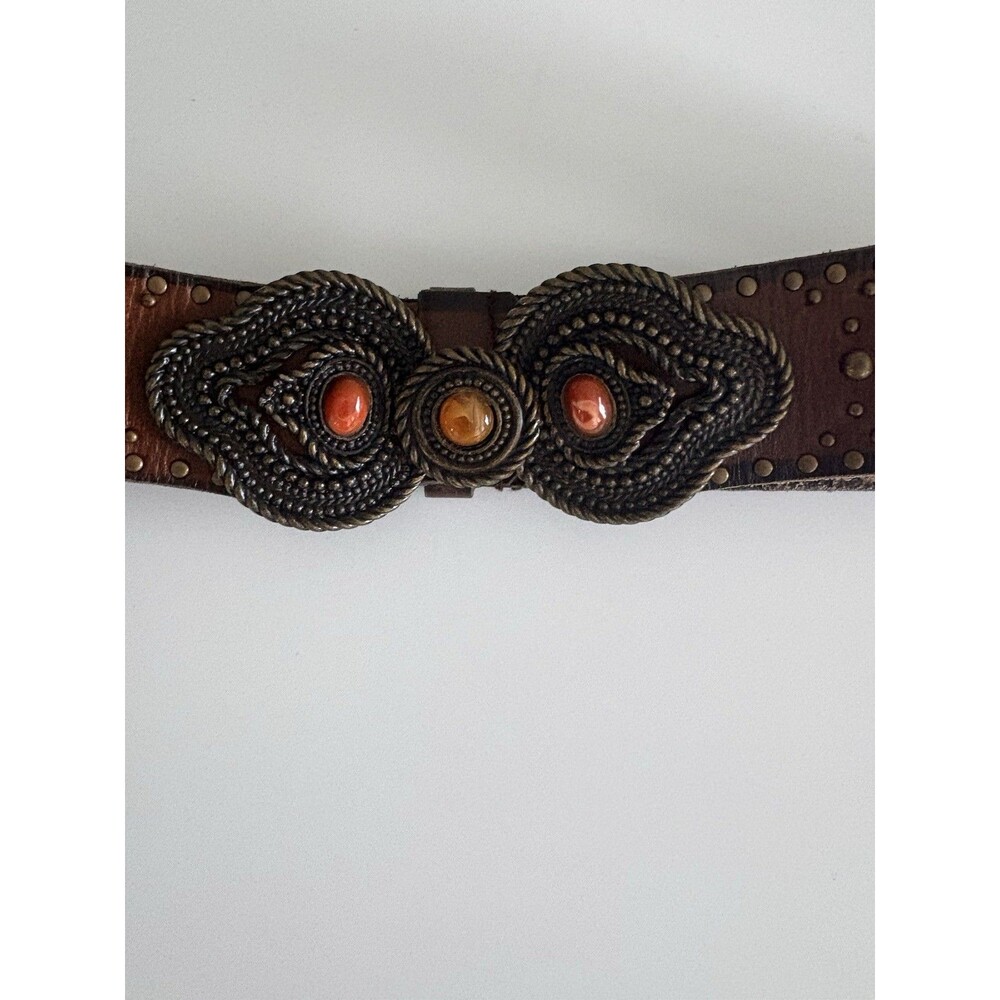 Women's Jeweled Brown Leather Belt S/M Small Medium Buckle Boho 40"x2"